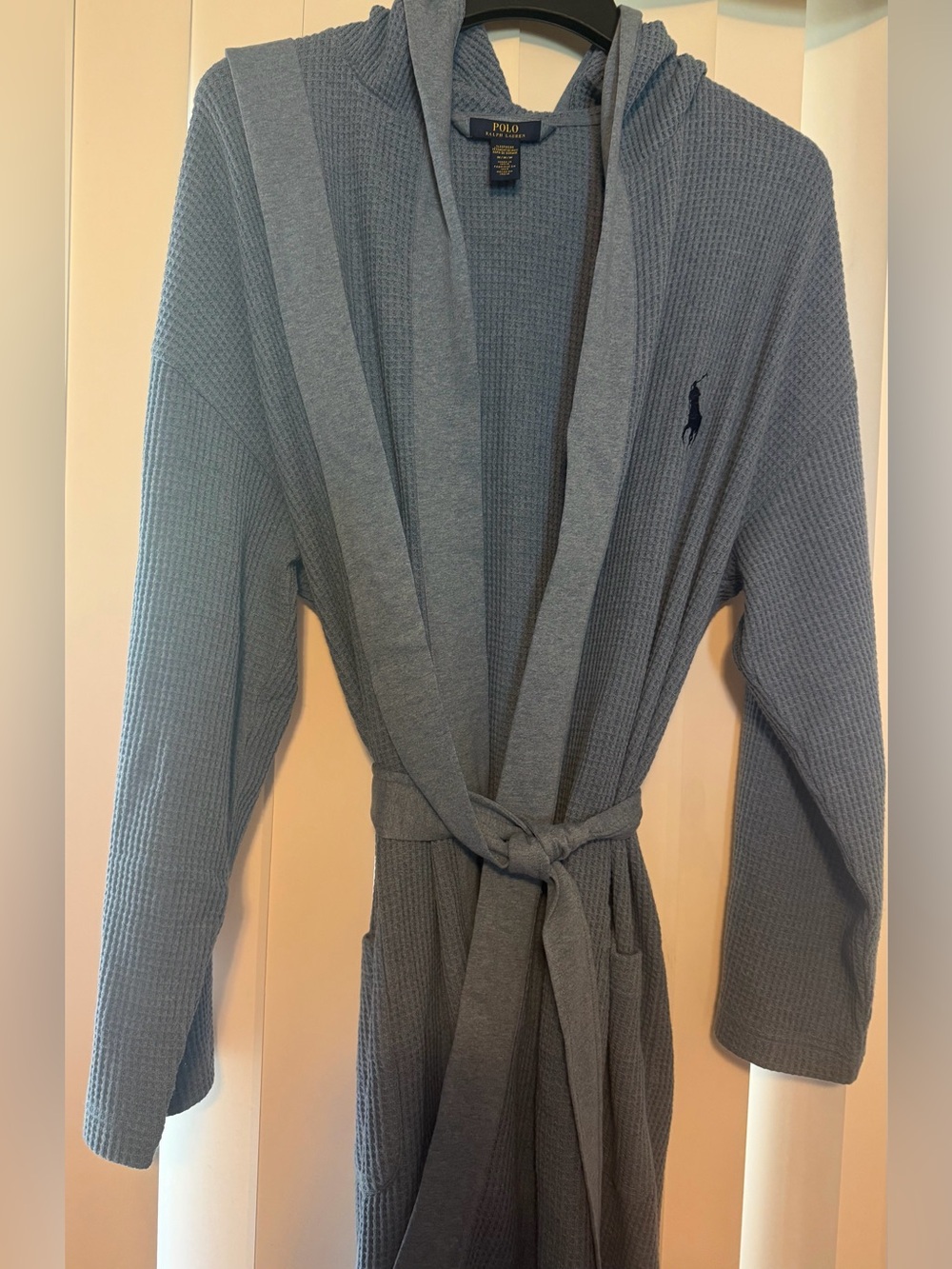 Polo by Ralph Lauren cozy knit Capri Blue plus navy- hooded robe-size M-NWOT